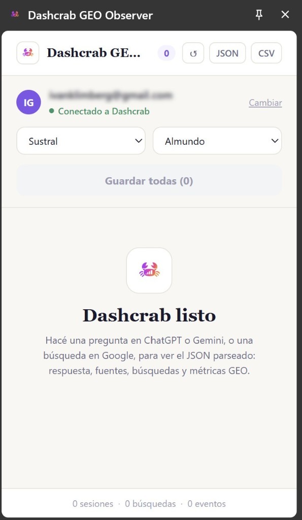 La extensión conectada a una cuenta de Dashcrab