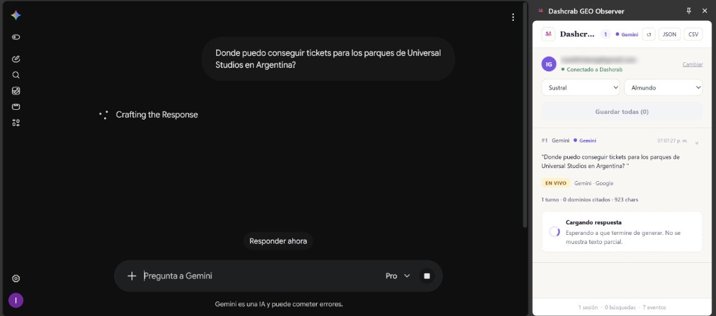 La consulta escrita en ChatGPT con la extensión capturando