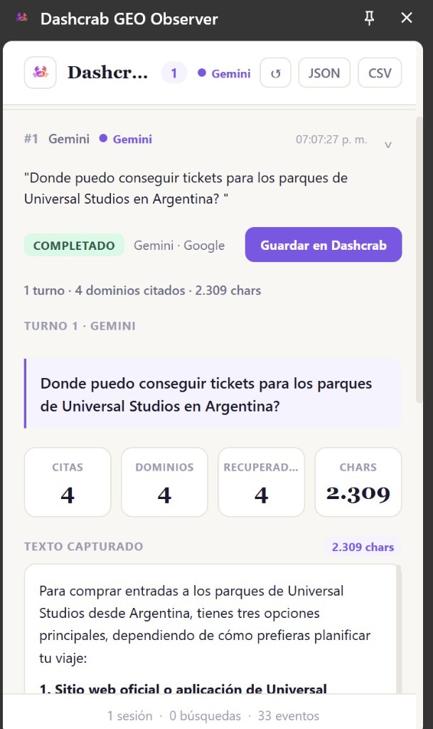 La respuesta del modelo capturada en el panel