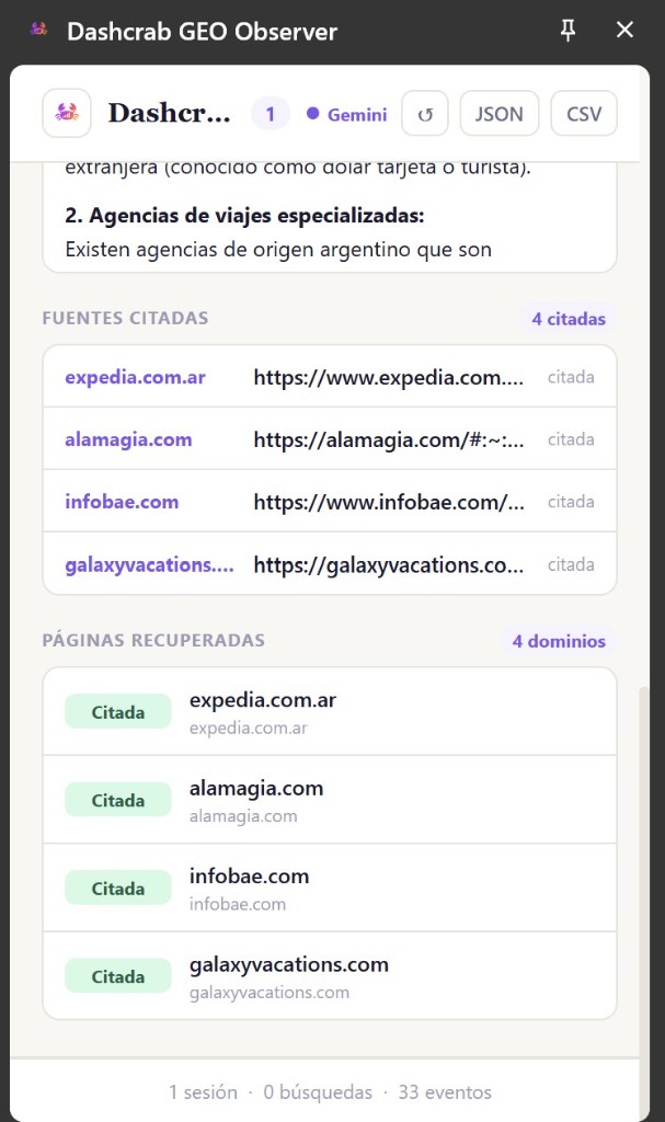 Las citas y páginas que el modelo usó para responder