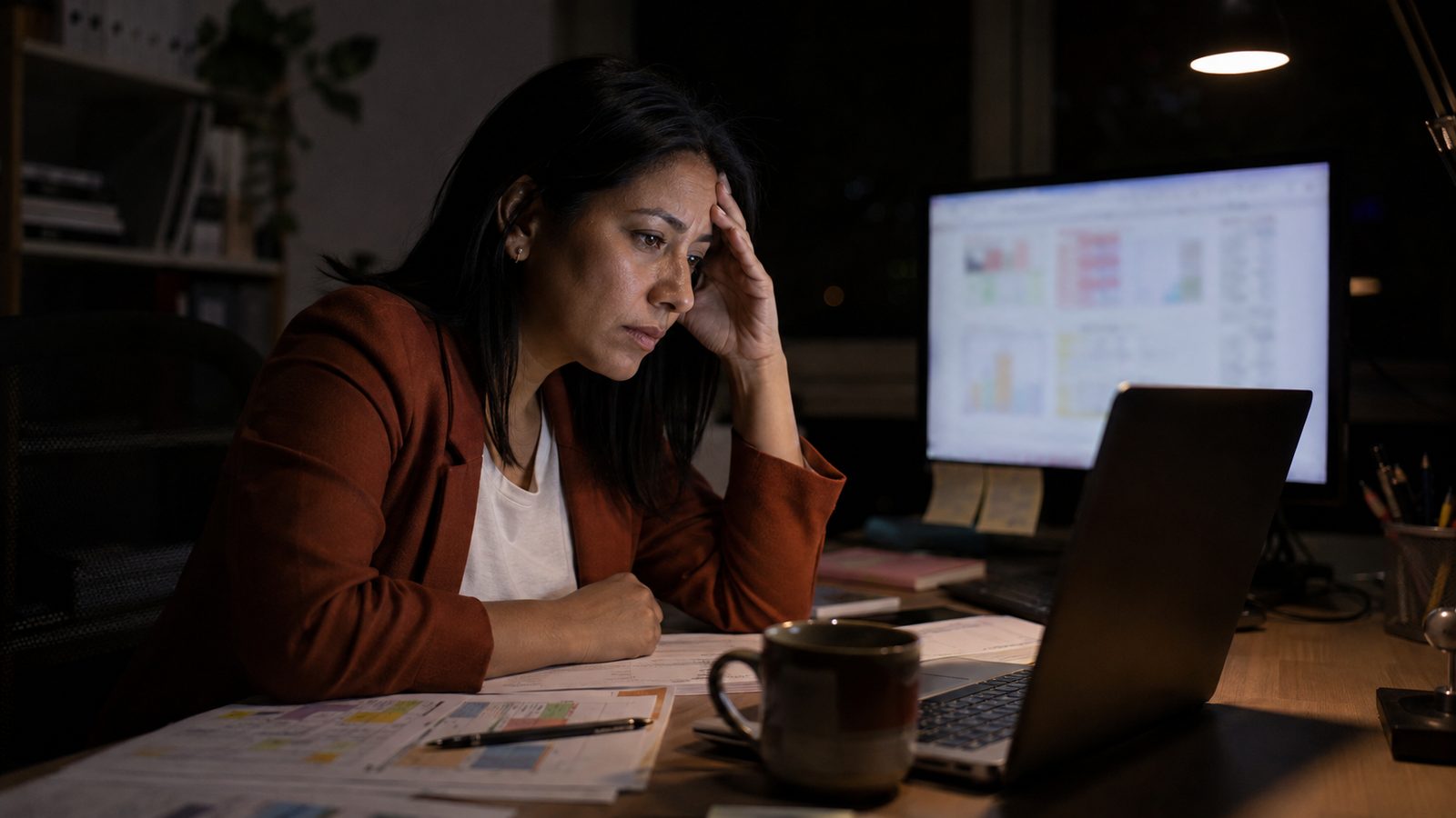 Marketer trabajando de noche entre planillas y dashboards